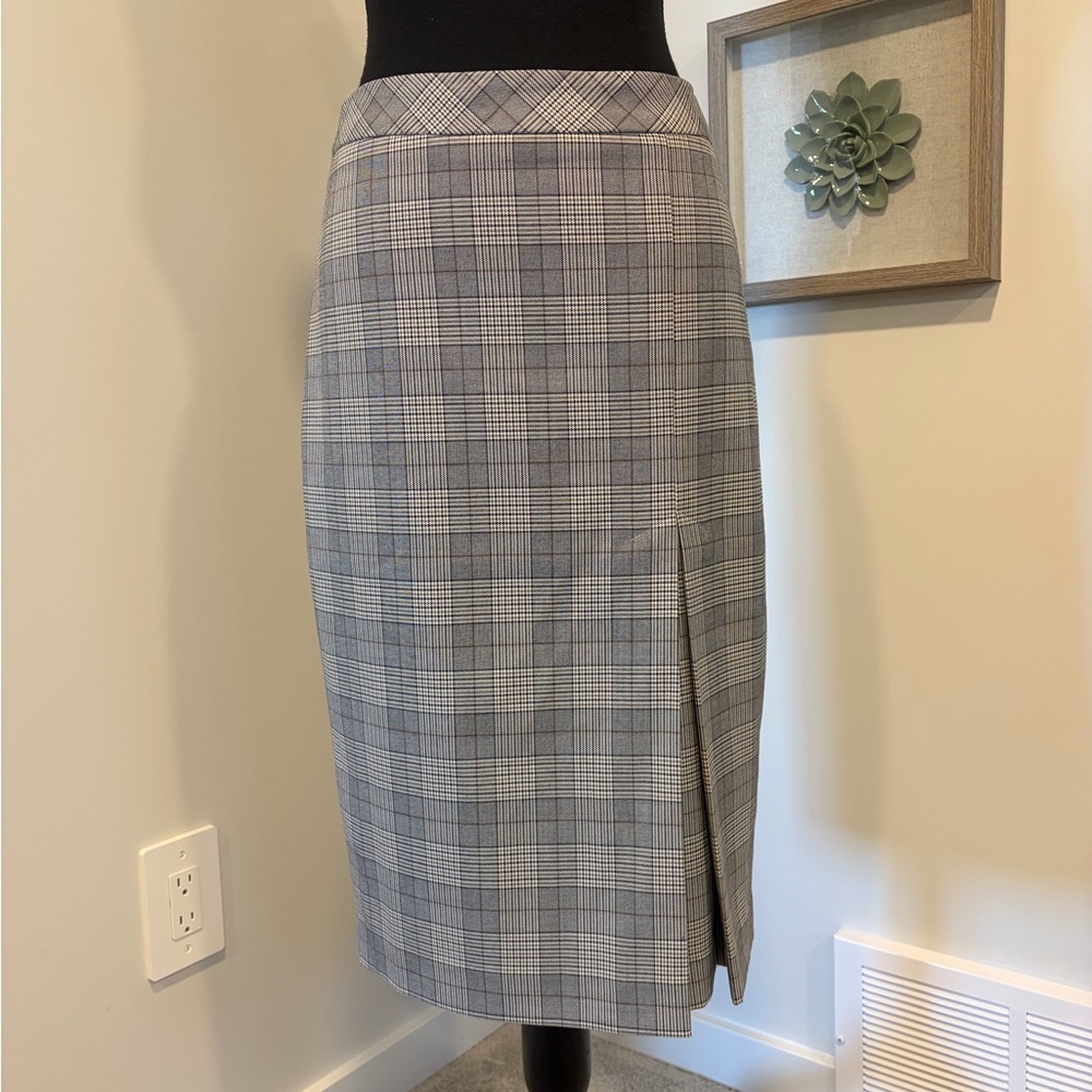 Never Worn! RW&CO. Black White & Brown Plaid Pencil Skirt With Kick Pleat